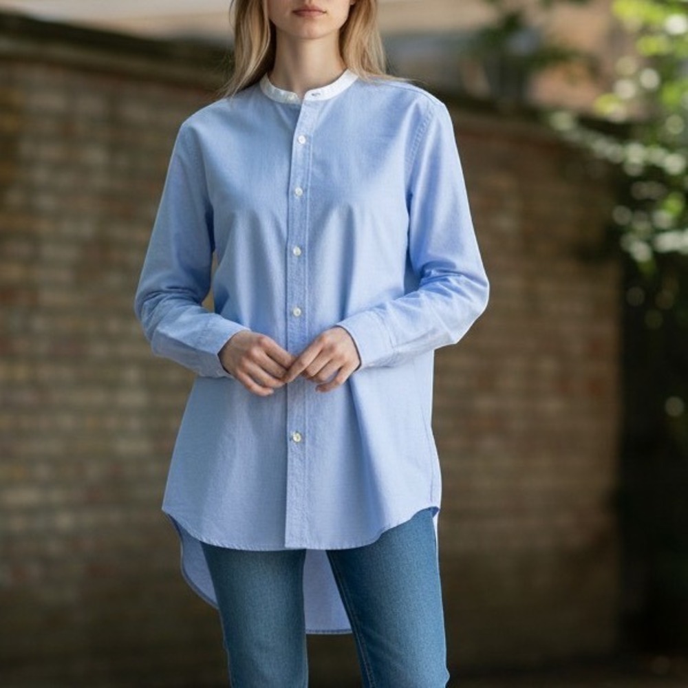 Polo Ralph Lauren 4 Band Collar Button Down Shirt Blue Preppy Longline Tunic